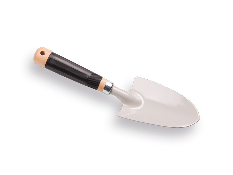 Planting trowel with wooden grip and rubber handle