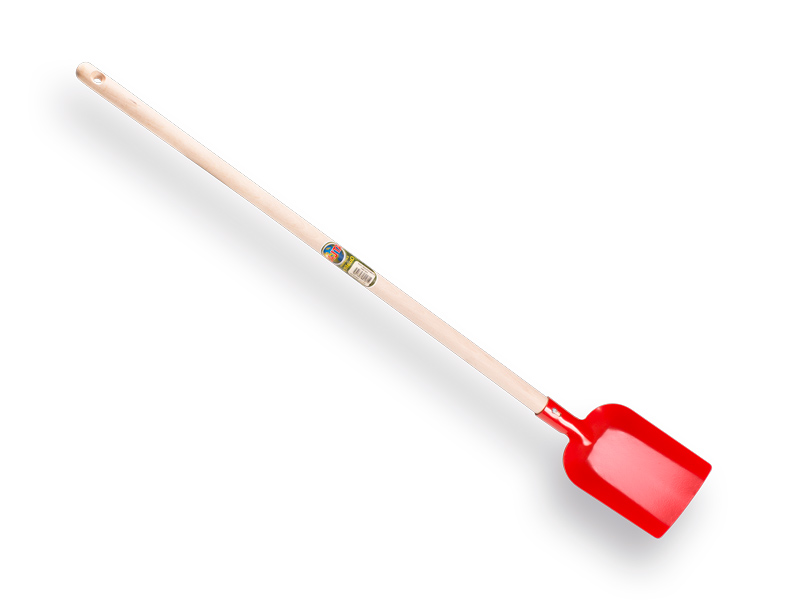 Red children's shovel with a tapered handle.