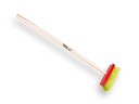 Children's red broom with a tapered handle.