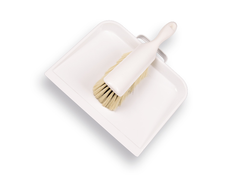 Balayette et pelle, VERO 8452. Balayette blanche avec fibres synthétiques PPN et pelle en métal, largeur 25,5 cm avec poignée courte