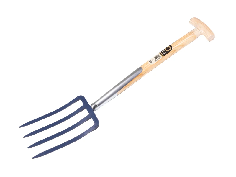 [862150] Fourche bêche Jimmy courte 4 dents bleue, avec manche de bêche en T en bois de frêne 50 cm