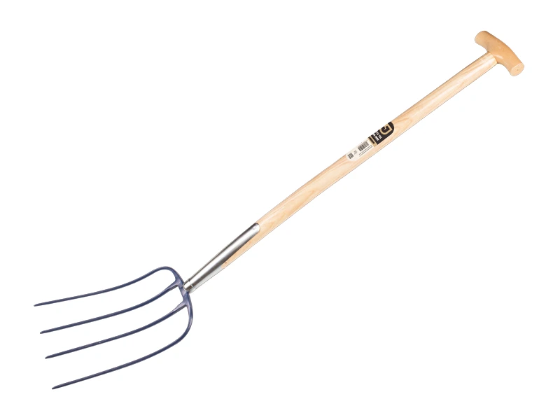 [911170] Fourche à fumier Jimmy 4 dents bleue, avec manche de bêche en T en bois de frêne 85 cm