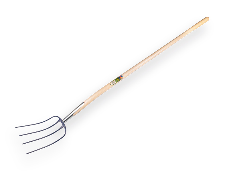 Manure fork ATLAS 4 tines blue, with ash wood knob handle 135 cm