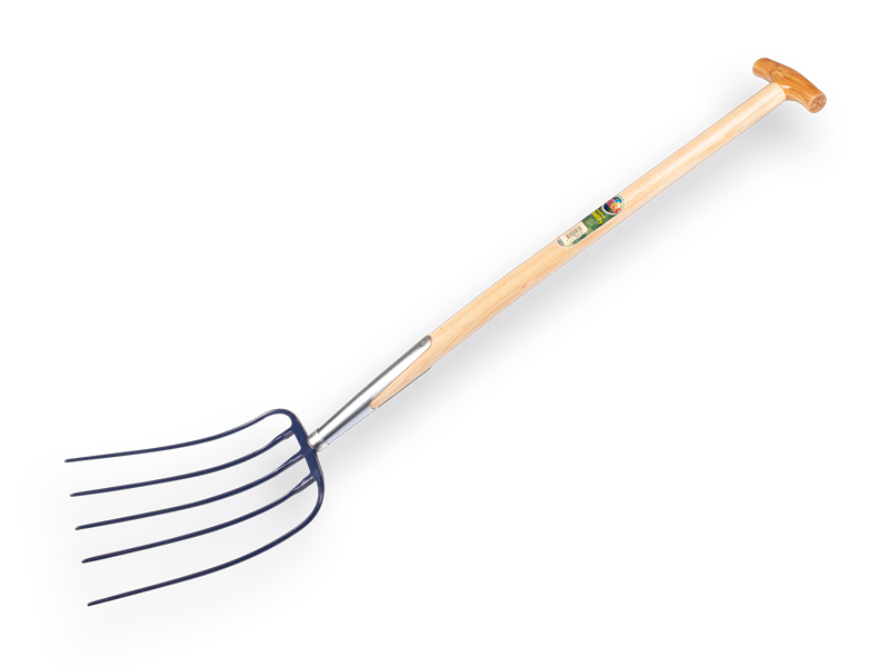 [915170] Fourche à fumier ATLAS 5 dents bleue, avec manche de bêche en T en bois de frêne 85 cm