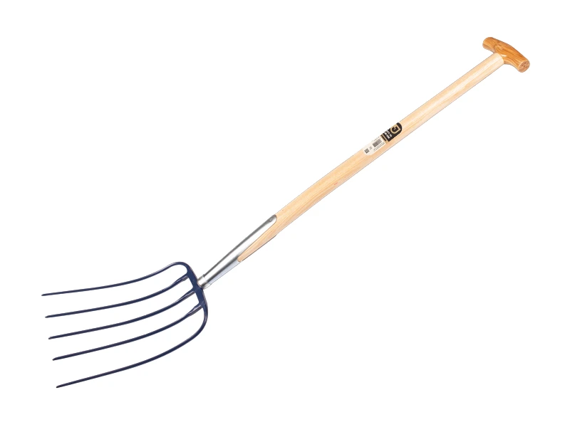 [915170] Fourche à fumier Jimmy 5 dents bleue, avec manche de bêche en T en bois de frêne 85 cm
