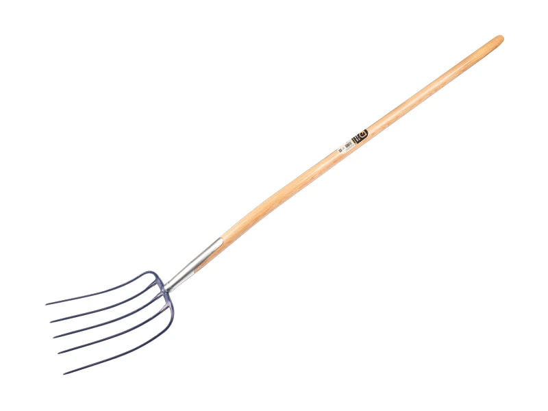 [915180] Fourche à fumier Jimmy 5 dents bleue, avec manche boule en bois de frêne 135 cm
