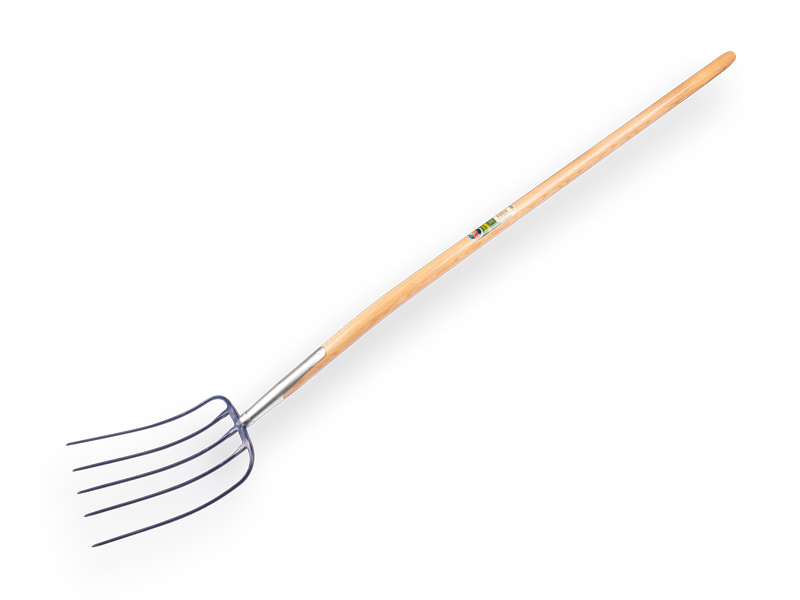 [915180] Manure fork ATLAS 5 tines blue, with ash wood knob handle 135 cm